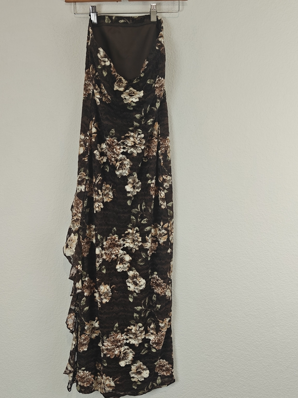 J for Justify Floral Lace Strapless Midi Dress Brown Romantic Ruffle Side Slit M - Picture 10 of 16